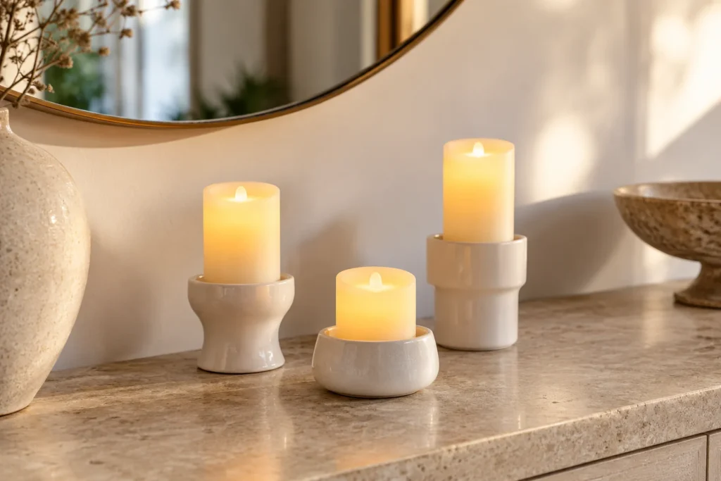 Portacandele essenziali con luci LED, separati da tessili e altri addobbi.