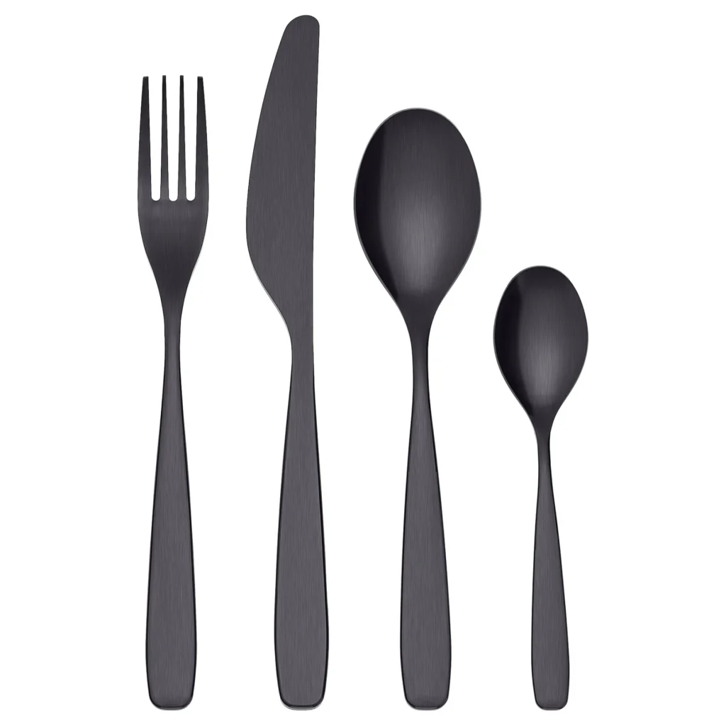 Forchetta, coltello, cucchiaio e cucchiaino neri della serie TILLAGD.