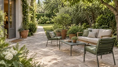 Angolo relax in giardino: divanetto, sedute e tavolino