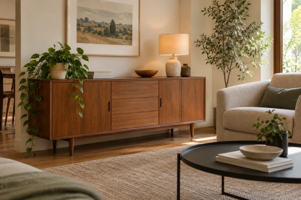 Una credenza in legno si accosta a una seduta in tessuto e a un tavolino essenziale.