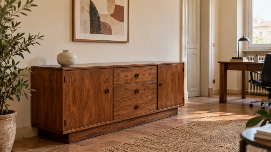 Una credenza dall’aspetto vissuto diventa il punto di partenza per colori e dettagli dell’ufficio.
