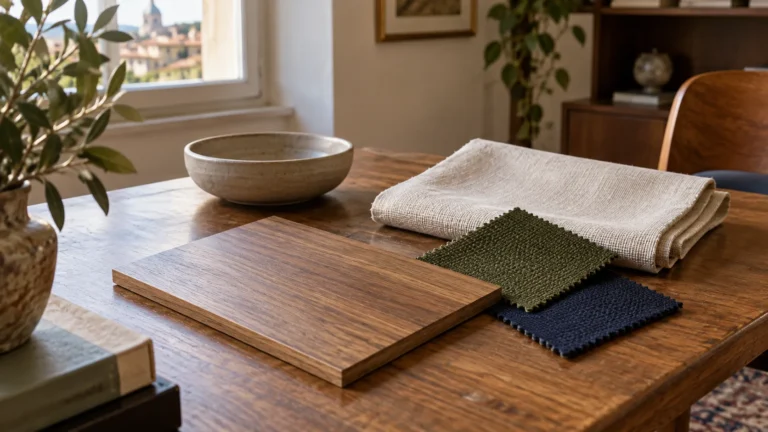 Campioni di lino, verde oliva e blu scuro accostati a una finitura in legno caldo.