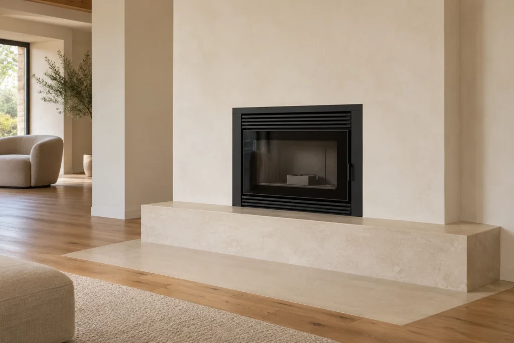 Inserto chiuso scuro in una parete chiara con base in pietra