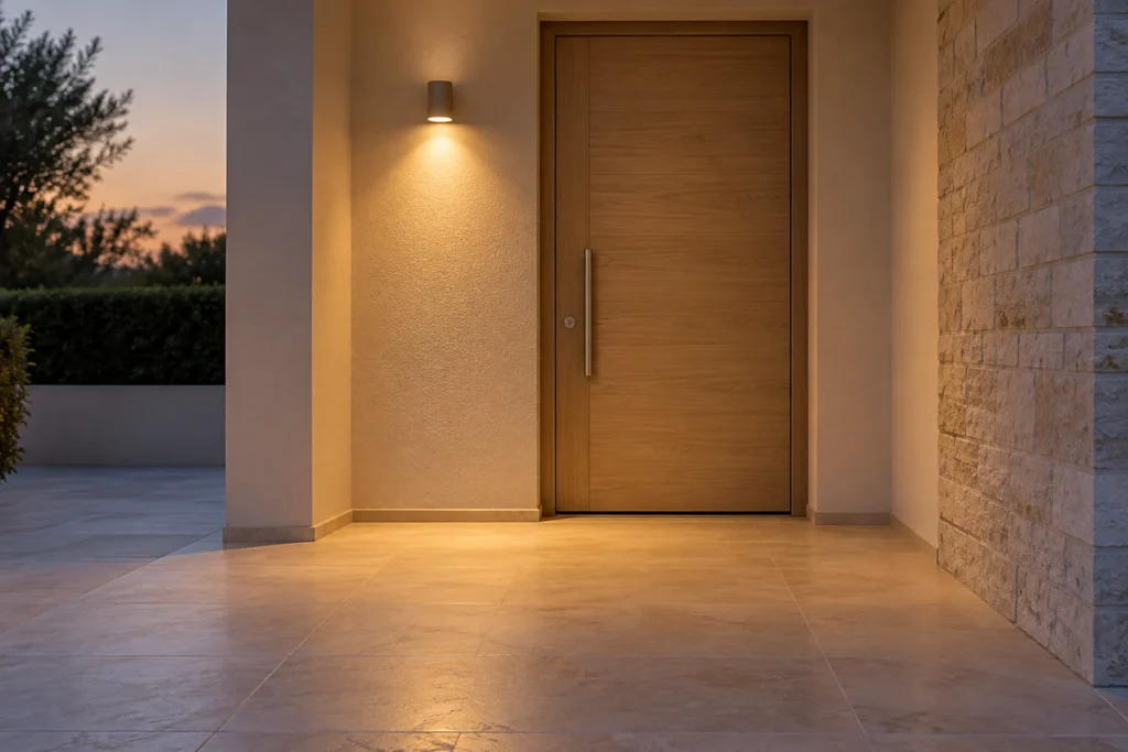 Una luce discreta accompagna porta e soglia: la collocazione va valutata nell’ingresso reale.