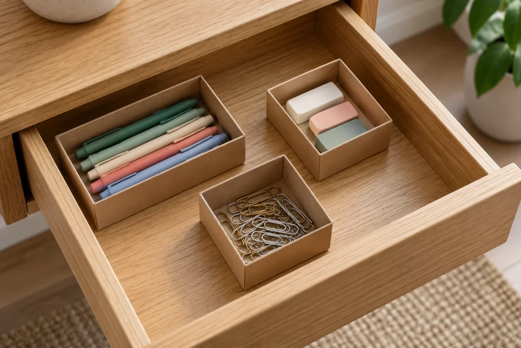 Scatoline rimovibili separano penne, gomme e piccoli accessori in un cassetto.