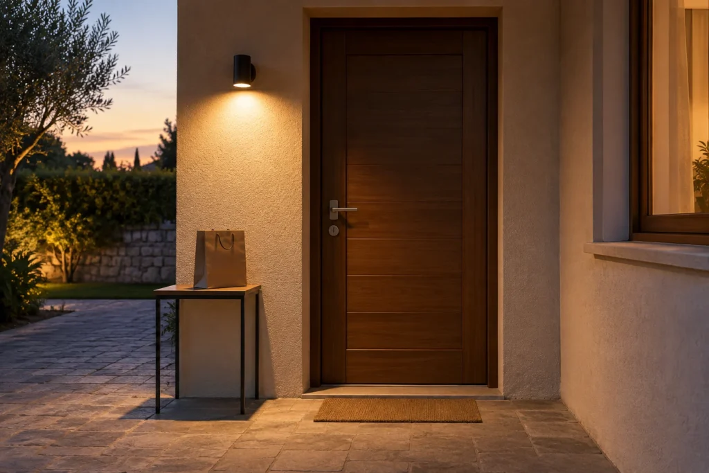 Una luce rivolta verso l’ingresso accompagna porta e appoggio laterale, lasciando libero il passaggio.
