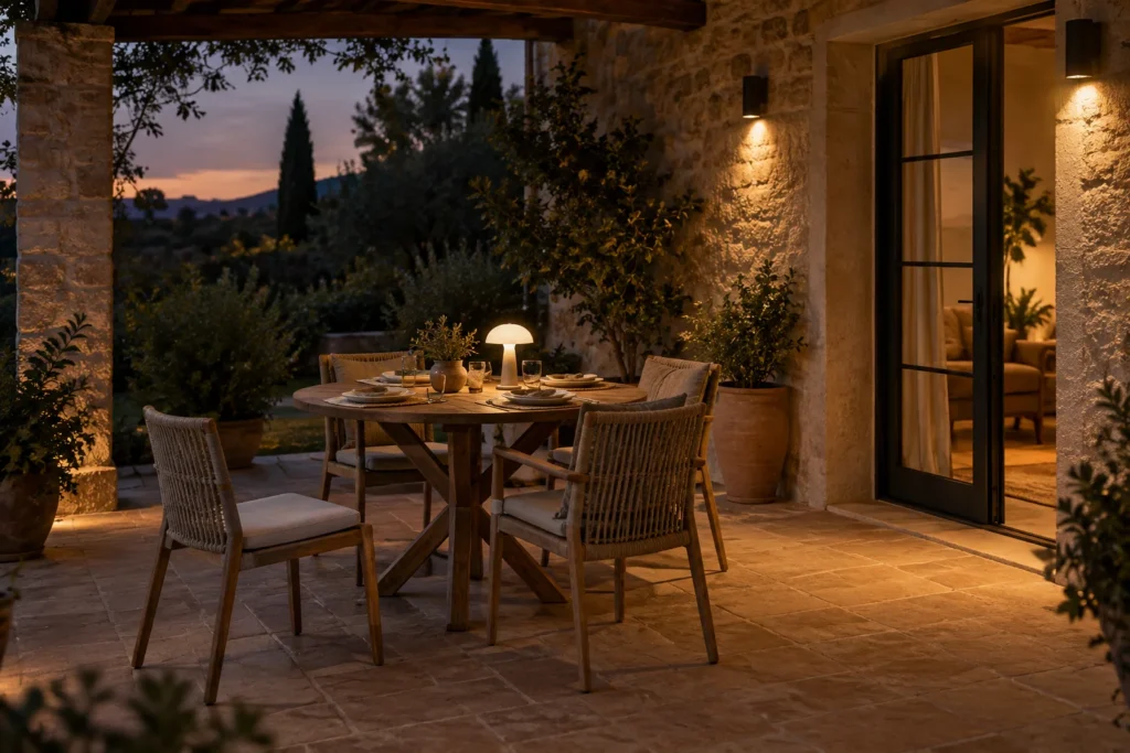 Tavolo apparecchiato per quattro con piccola lampada e luci a parete sotto un portico
