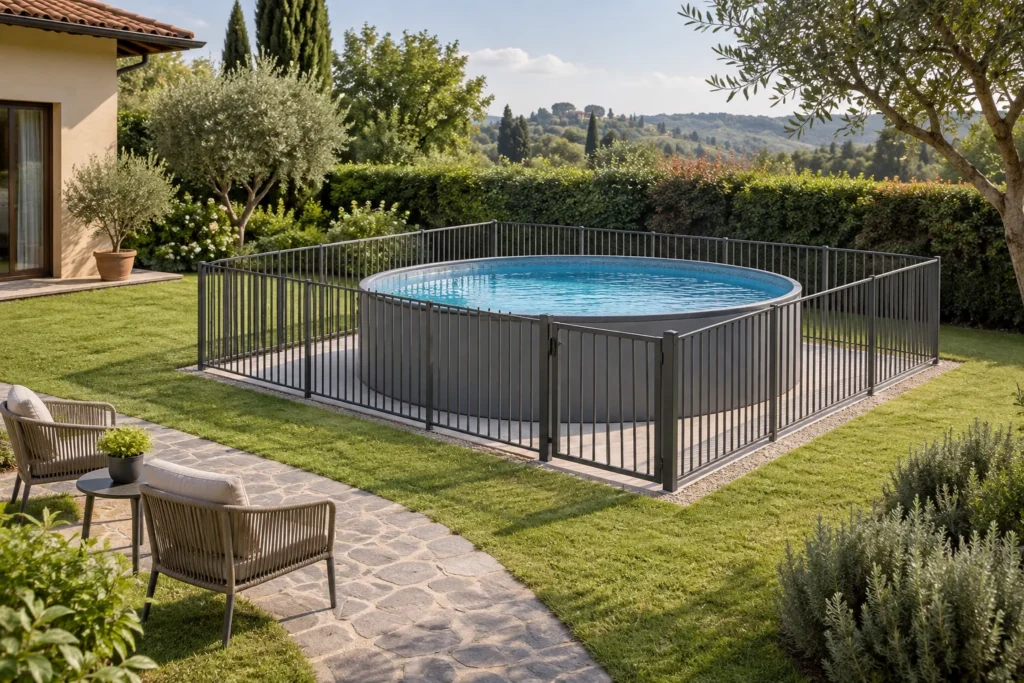 Piscina fuori terra rotonda in giardino con recinzione e cancelletto chiuso