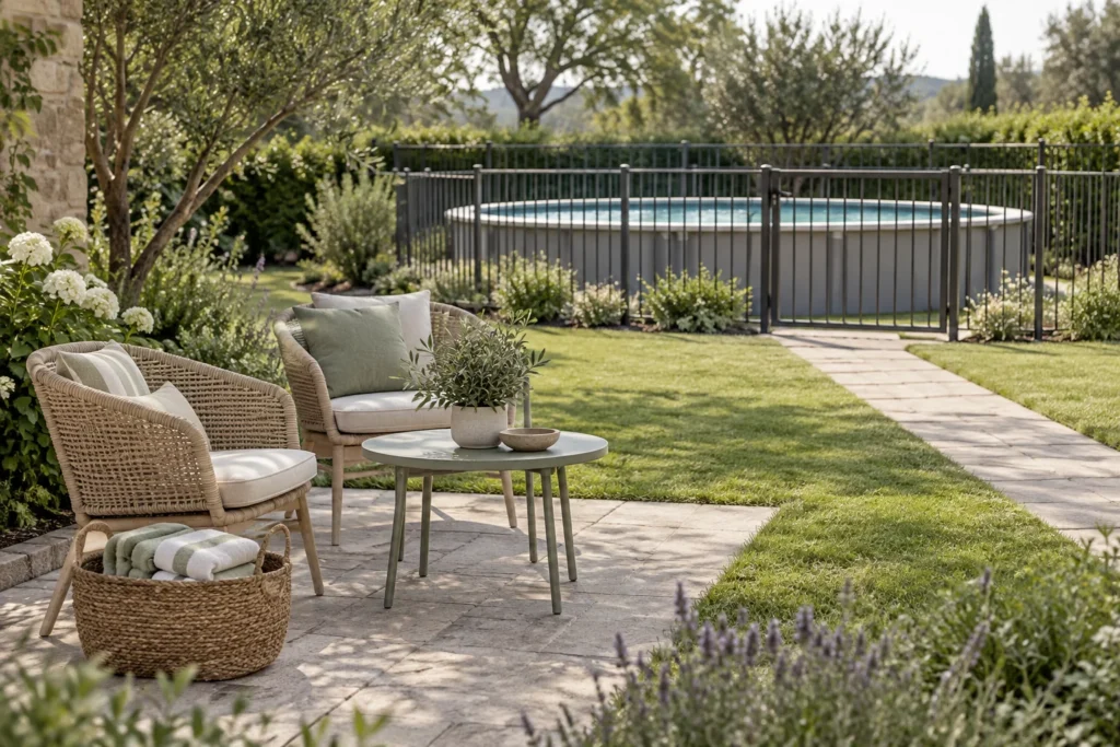 Due poltroncine e un tavolino in giardino, separati dalla piscina recintata