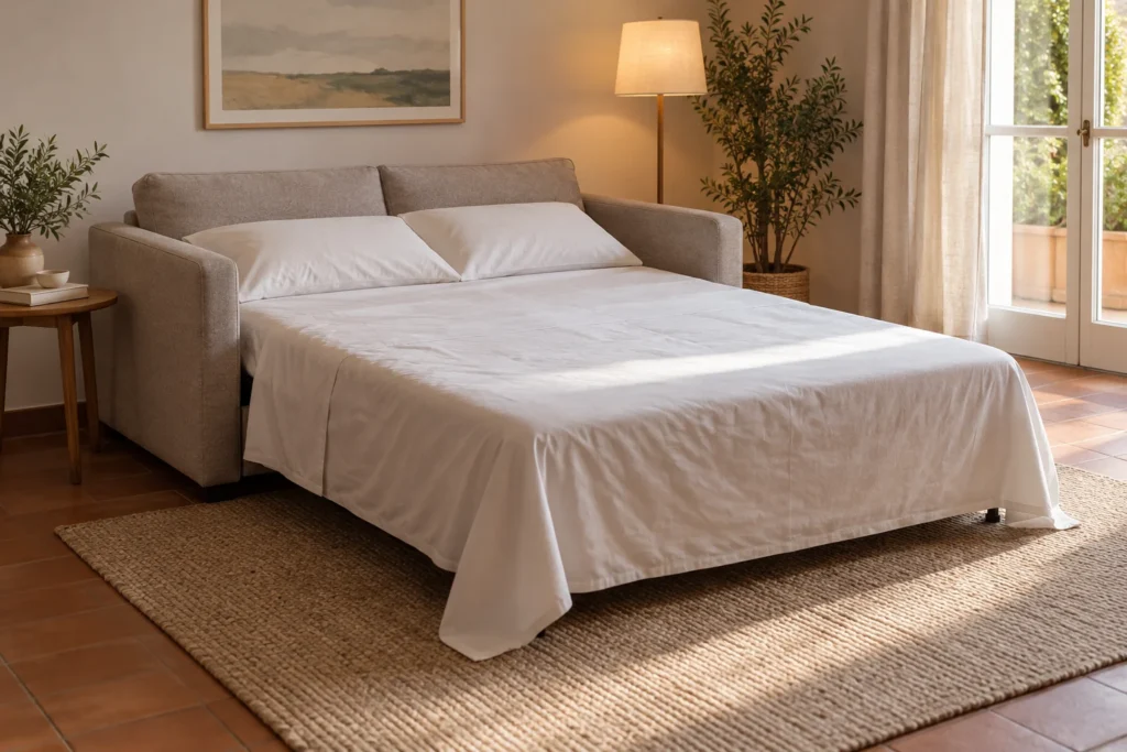 Il divano letto cambia l’uso del soggiorno: la disposizione va valutata anche nella configurazione aperta.