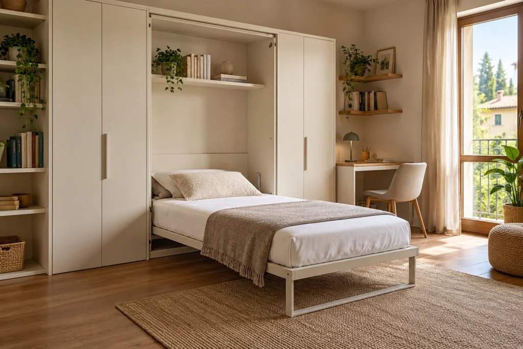 Il letto a scomparsa aperto lascia vedere l’ingombro da considerare insieme agli altri arredi.