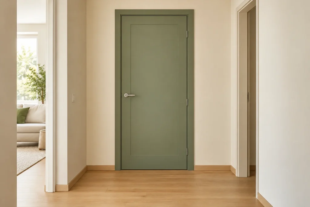 Una porta verde salvia dà un accento al corridoio chiaro, senza aggiungere altri decori.