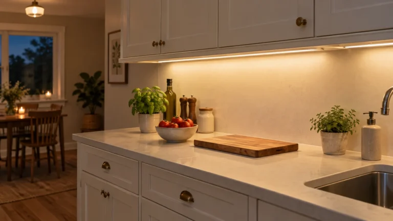 Piano cucina illuminato sotto i pensili nella luce serale