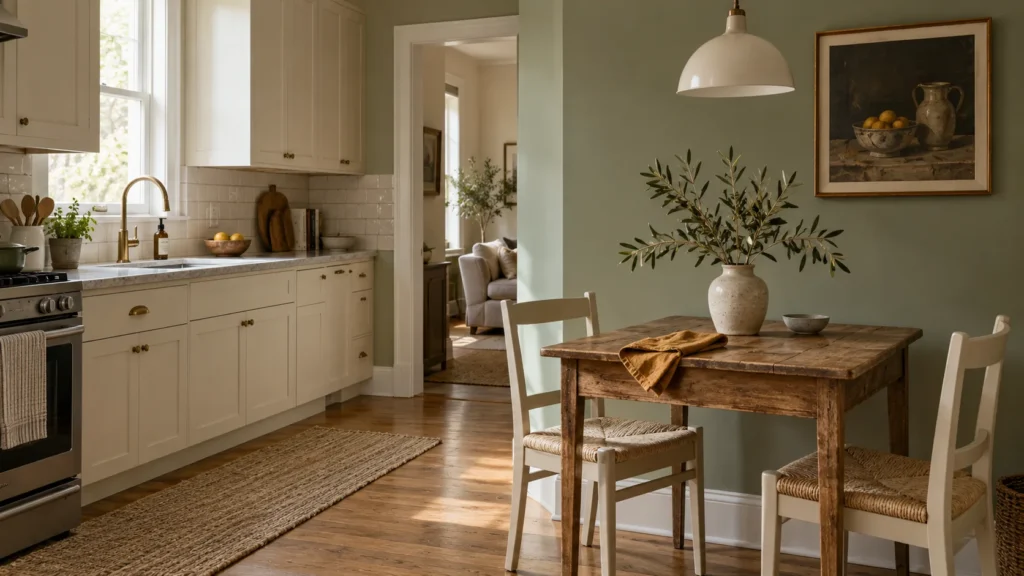 Tavolo in legno accanto a una cucina chiara e a una parete salvia