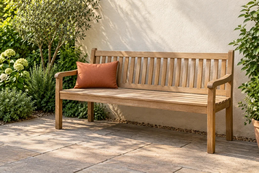 Panca da giardino in legno con un solo cuscino rettangolare terracotta e gran parte della seduta libera.