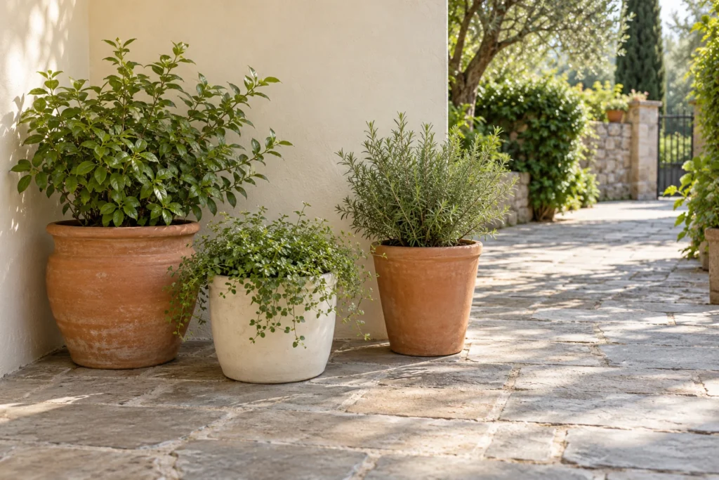 Tre vasi separati in terracotta e ceramica chiara, con vegetazione verde, raggruppati a terra accanto a una parete.