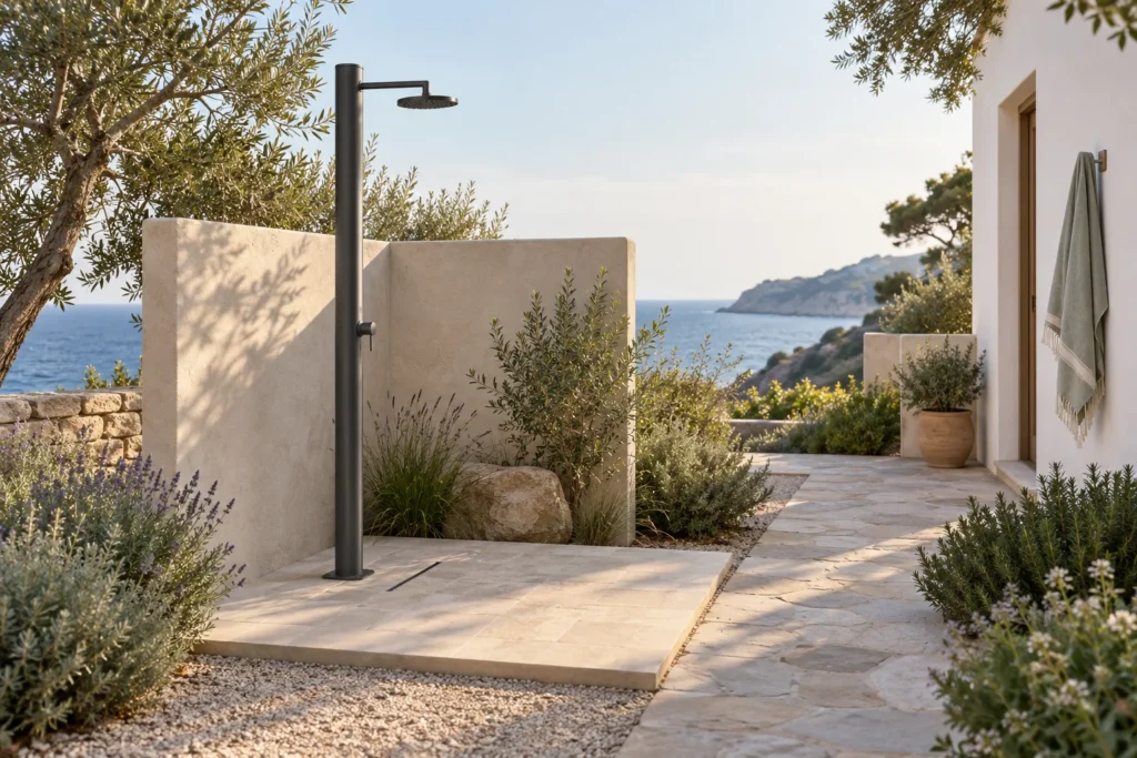 Una doccia esterna generica in una zona dedicata del giardino, con pavimentazione e raccolta dell’acqua separate dal percorso.