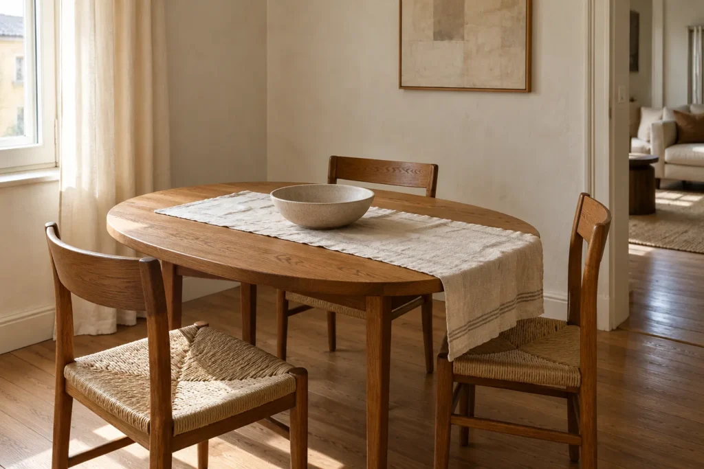 Tavolo in legno con sedute intrecciate, tessuto chiaro e una ciotola in ceramica