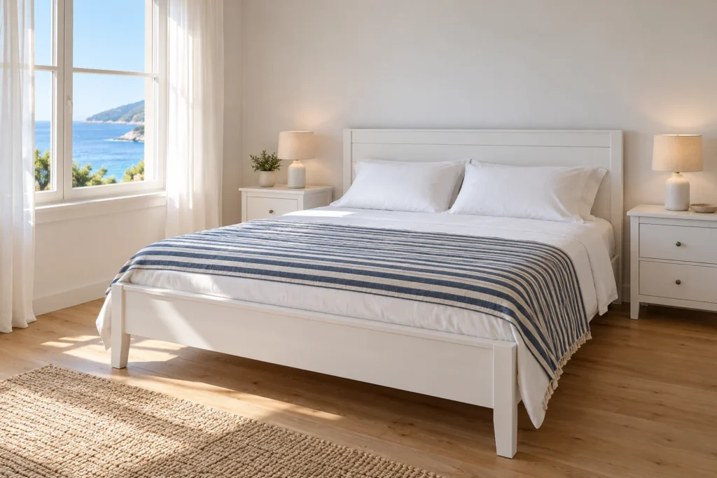 Camera bianca con letto e comodini chiari e un copriletto a righe blu e avorio.