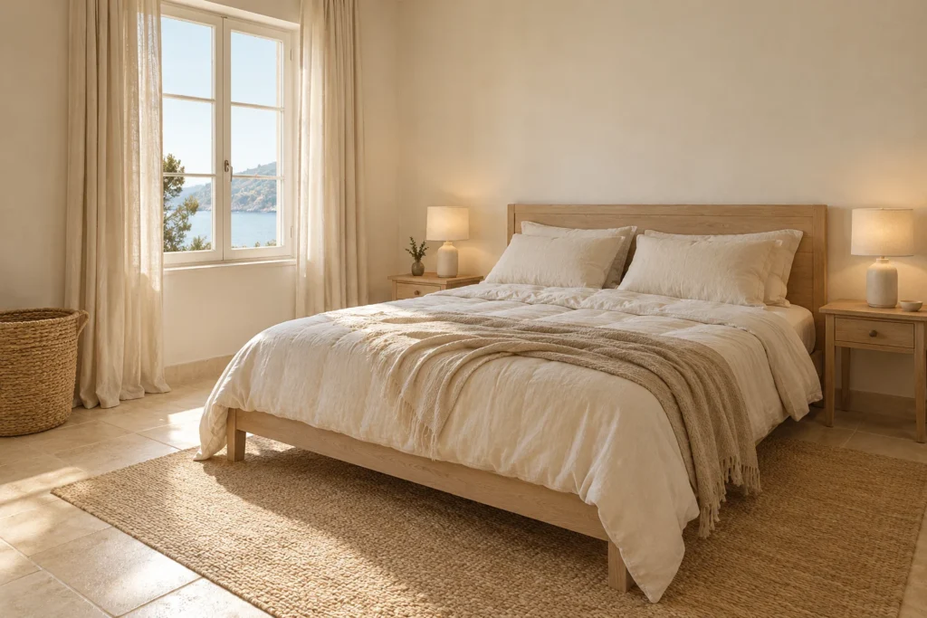 Letto in legno chiaro con biancheria ecrù, tende color lino e comodini essenziali.
