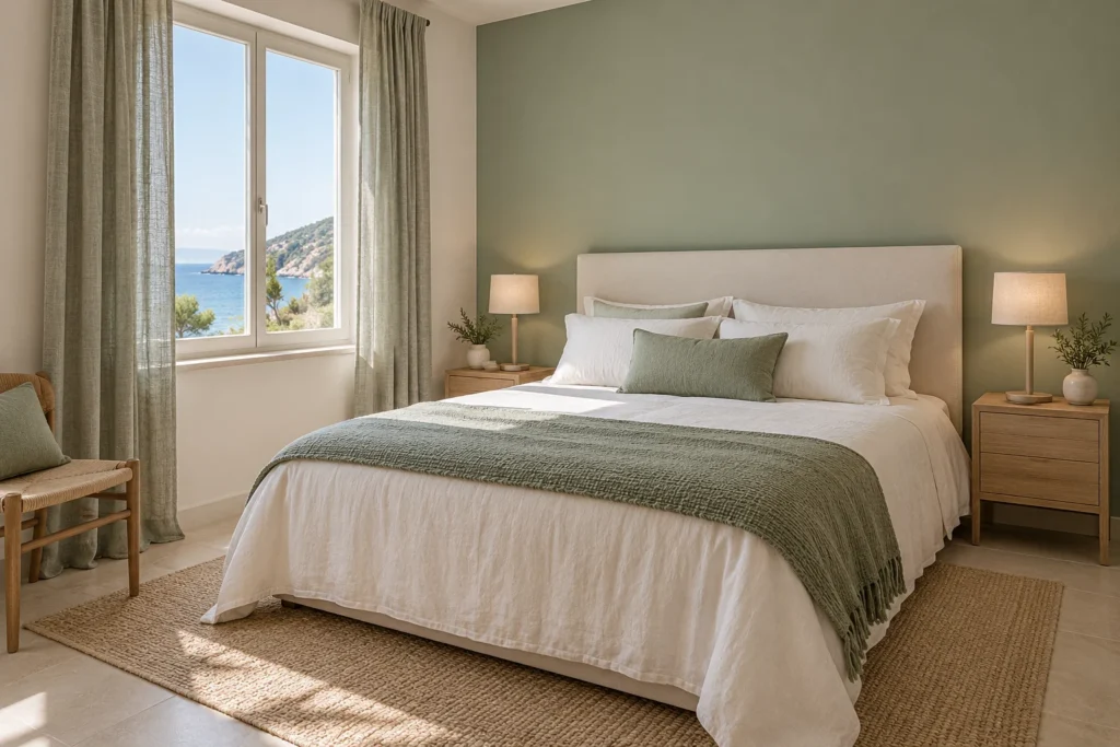 Camera con parete verde salvia, letto avorio e tende grigio-verdi accanto alla finestra.