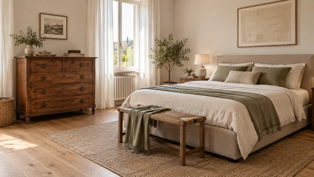 Comò in legno e letto in tessuto, collegati da colori morbidi senza imitare la stessa finitura.