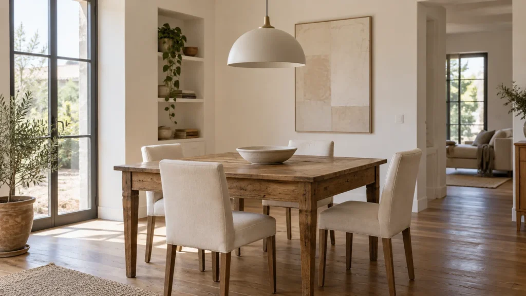 Un tavolo in legno può essere accompagnato da sedie contemporanee con lo stesso disegno.