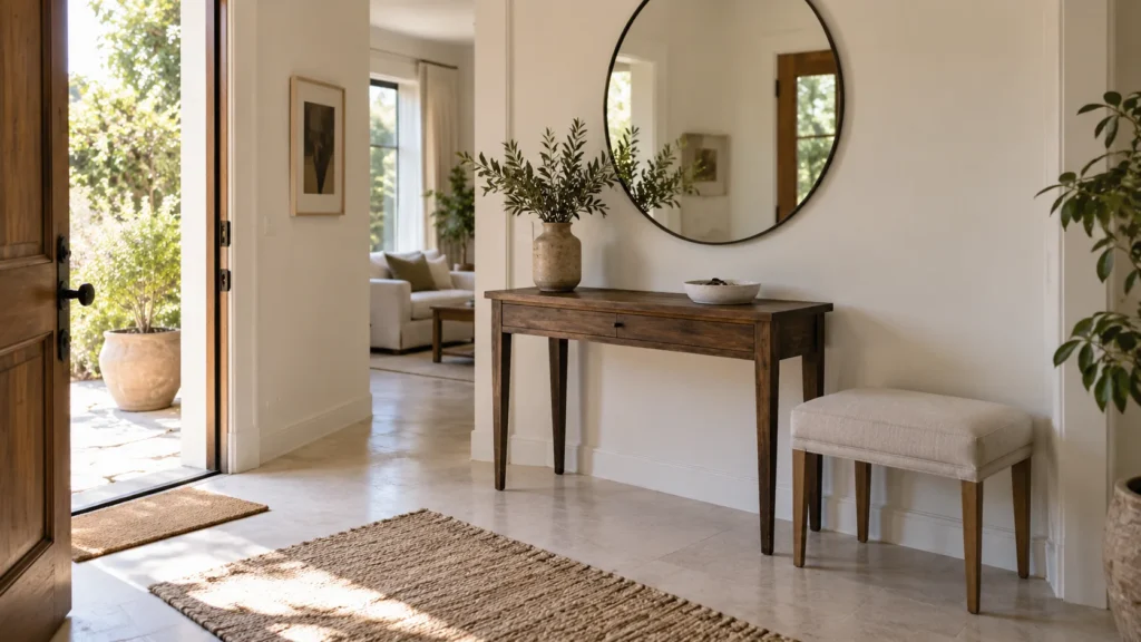 Console dall’aspetto vissuto e specchio contemporaneo, con una composizione semplice per l’ingresso.