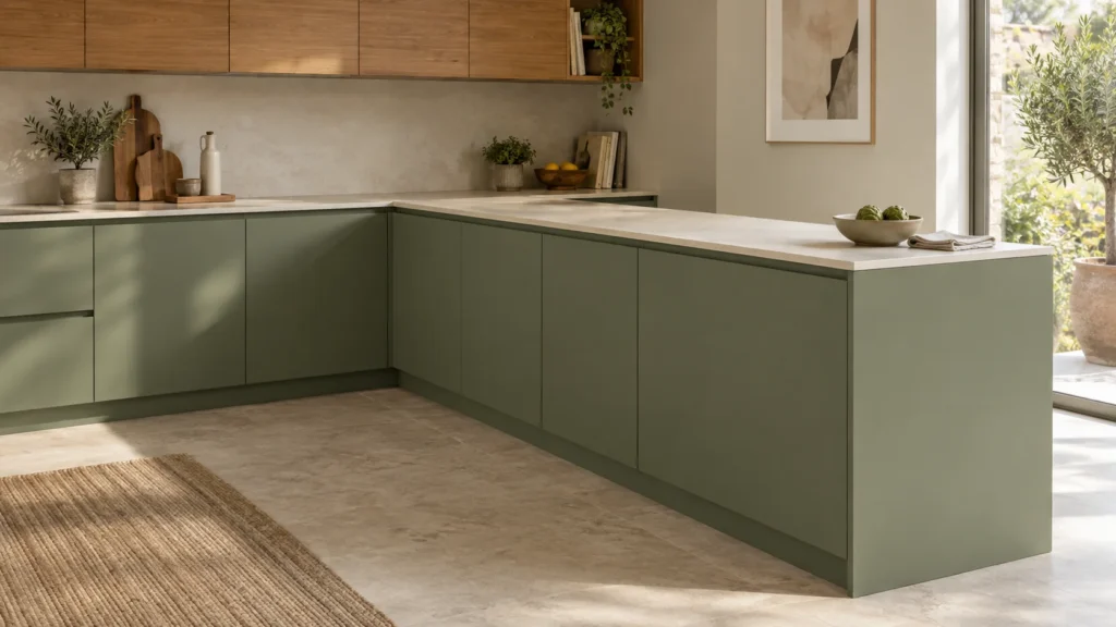 Penisola salvia con piano chiaro in continuità con la cucina
