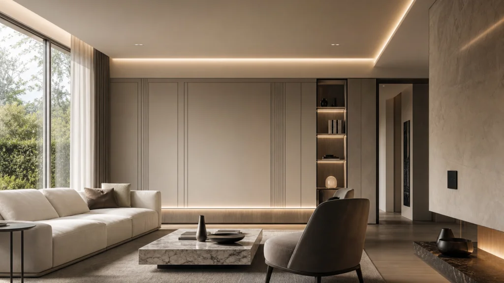 Dettaglio di integrazione discreta per sensori smart home in un interno contemporaneo