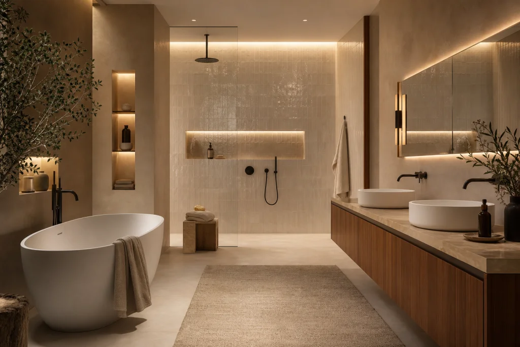 Il comfort percepito in bagno: come coordinare texture e volumi senza irrigidire lo spazio immagine interna 1