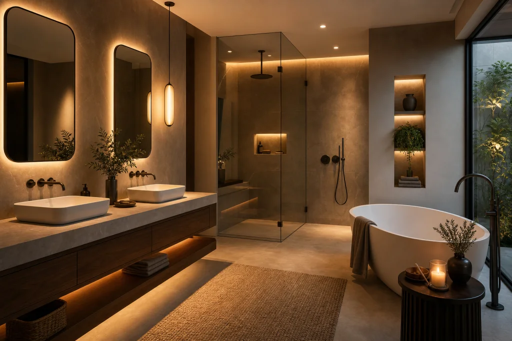 Luce stratificata in bagno: come organizzare i livelli luminosi per cambiare l'atmosfera senza rifare l'impianto immagine interna 1