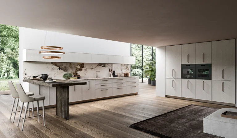 Ambientazione ARAN Cucine con isola, zona snack e maniglie in vista