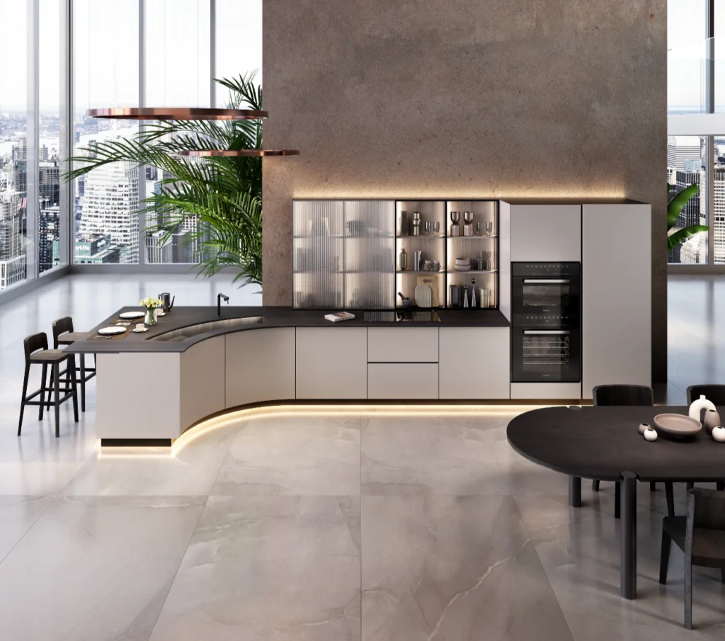 Ambientazione della cucina ARAN Virgola con composizione curva e zona snack