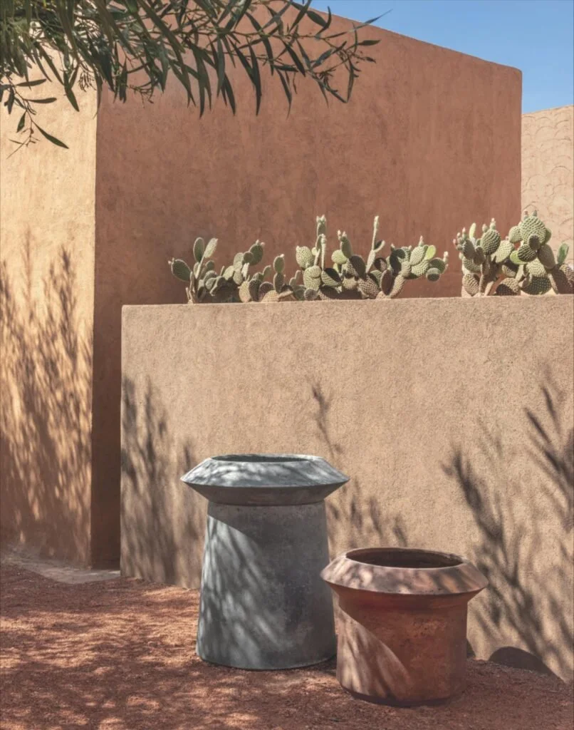 Vasi Ethimo con apertura svasata accanto a una parete e a un cactus
