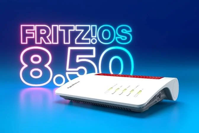 Router FRITZ! bianco e rosso con grafica luminosa FRITZ!OS 8.50