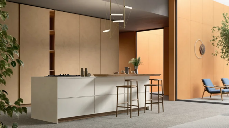 Rivestimenti cucina Lea Ceramiche: coordinare pietra, legno e colore