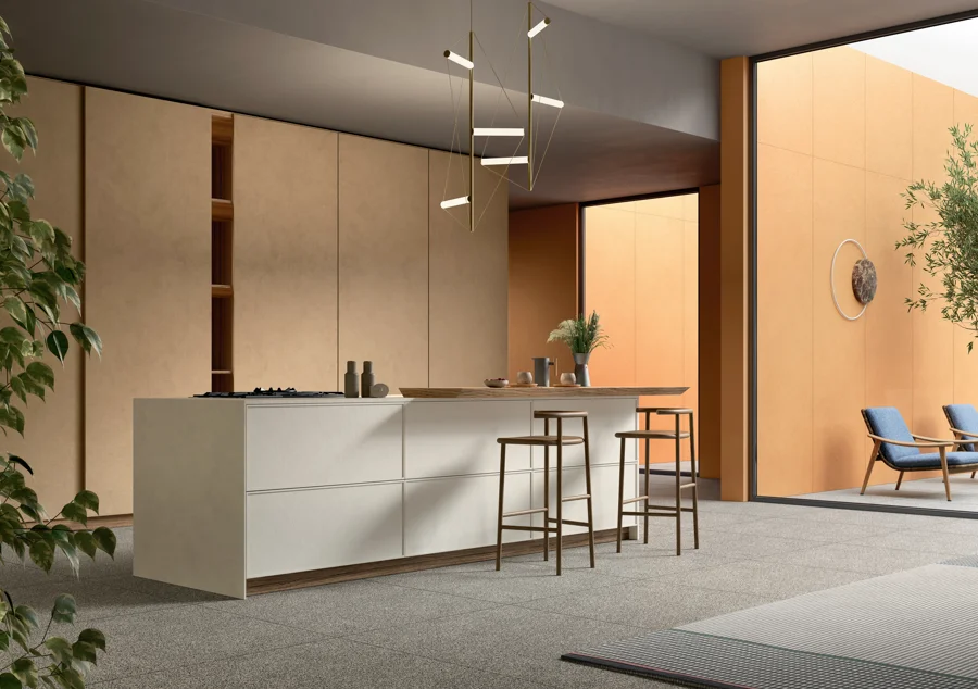 Ambiente cucina illustrato nel materiale stampa Lea Ceramiche