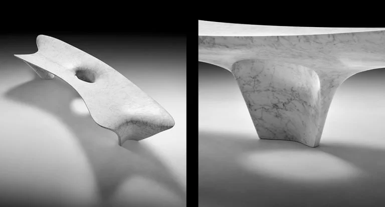 Dettagli scultorei della panca Strata NEUTRA