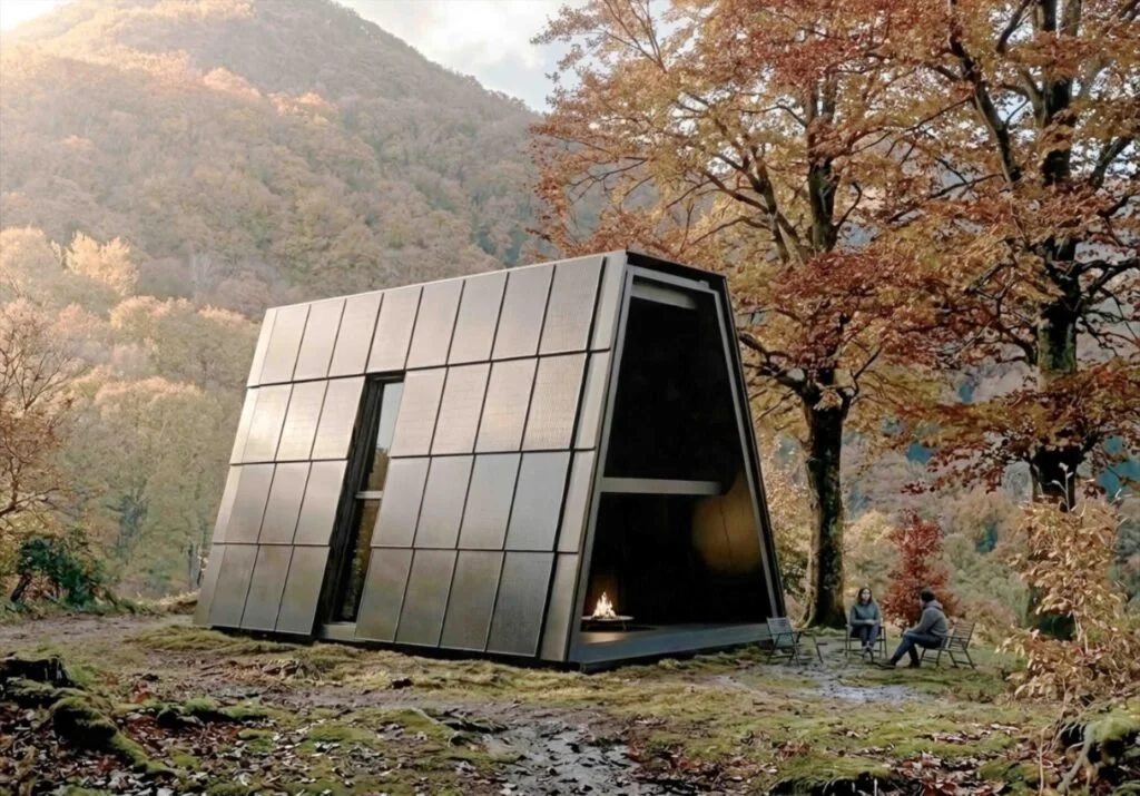 Rendering di una tiny house finalista di THE HOT SPOT immersa nel paesaggio