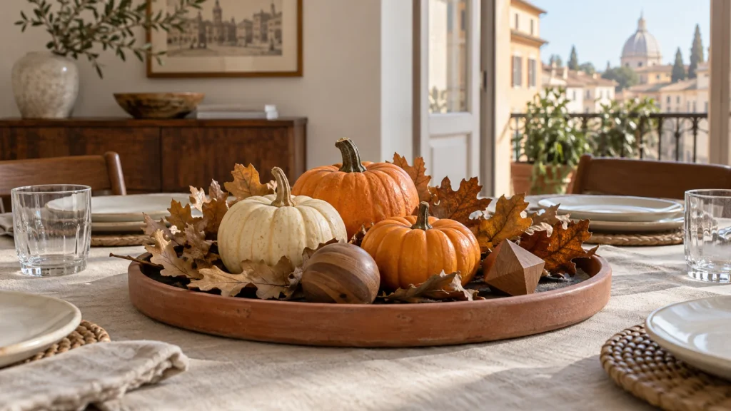 Centrotavola basso in terracotta con piccole zucche e foglie asciutte