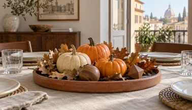 Centrotavola autunnale con zucche e foglie