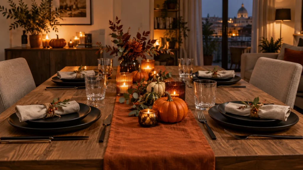 Tavola di Halloween con piatti scuri, tovaglioli chiari e piccole zucche
