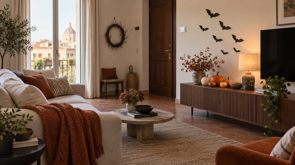 Soggiorno con zucche su una credenza, tessili color ruggine e sagome di pipistrelli