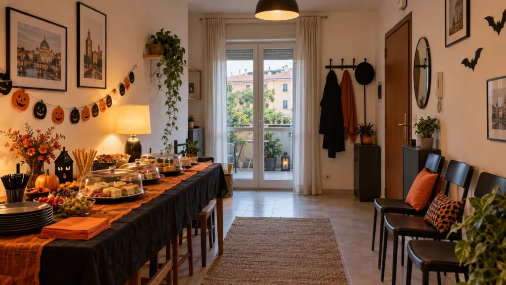 Appartamento compatto con buffet di Halloween laterale e passaggio centrale libero