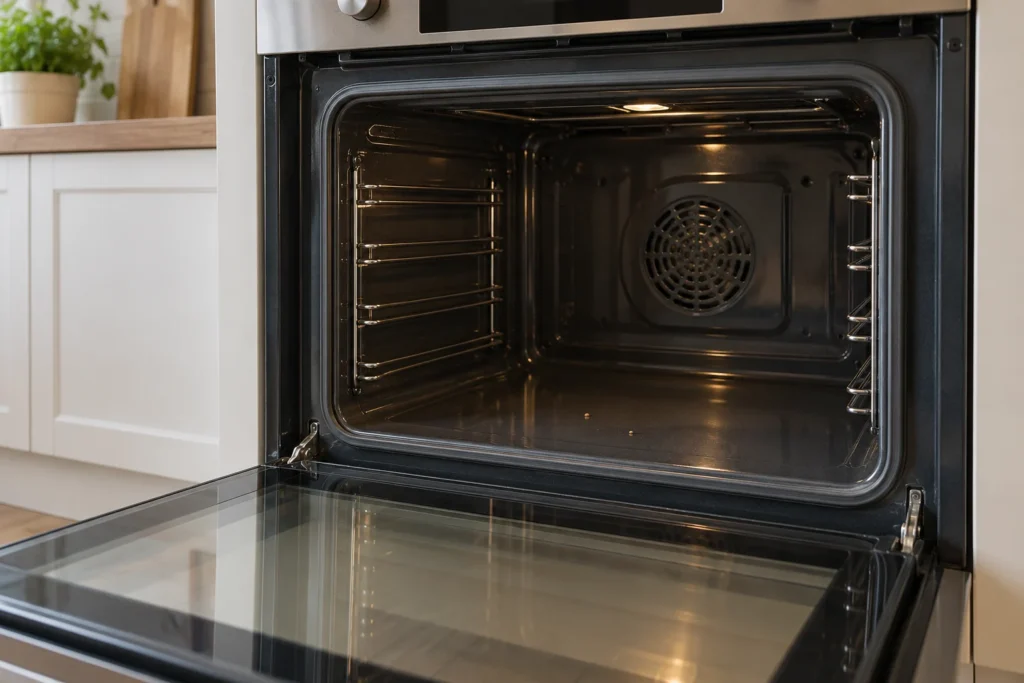 Vano di un forno aperto, con fondo smaltato accessibile e nessun accessorio appoggiato sullo sportello.