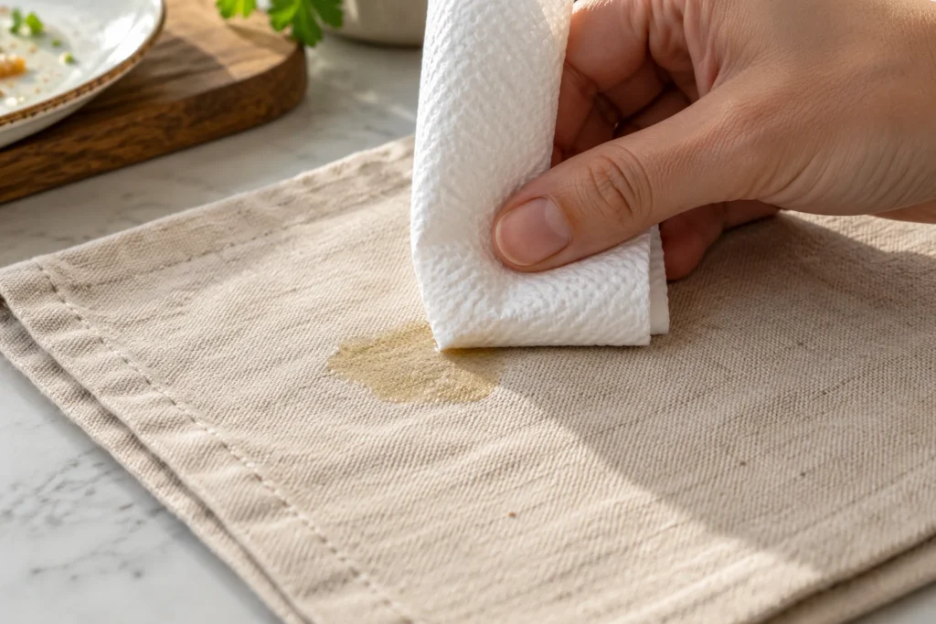 Carta assorbente bianca appoggiata delicatamente sulla macchia di un tovagliolo in cotone