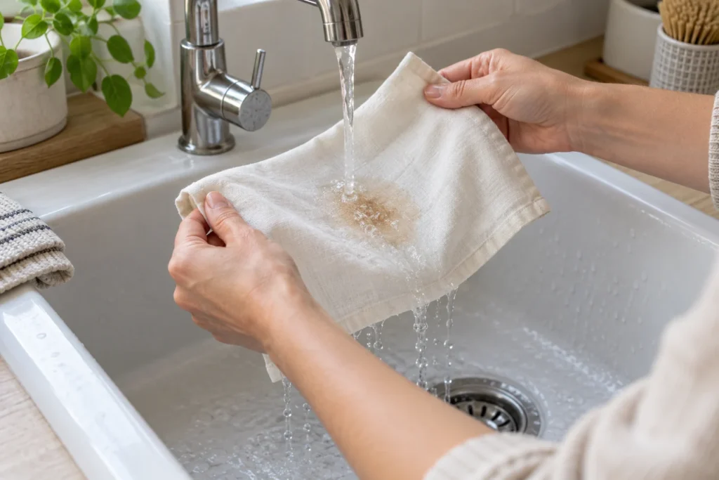 Tovagliolo chiaro tenuto sopra un lavello pulito mentre un piccolo getto d’acqua attraversa la zona macchiata.