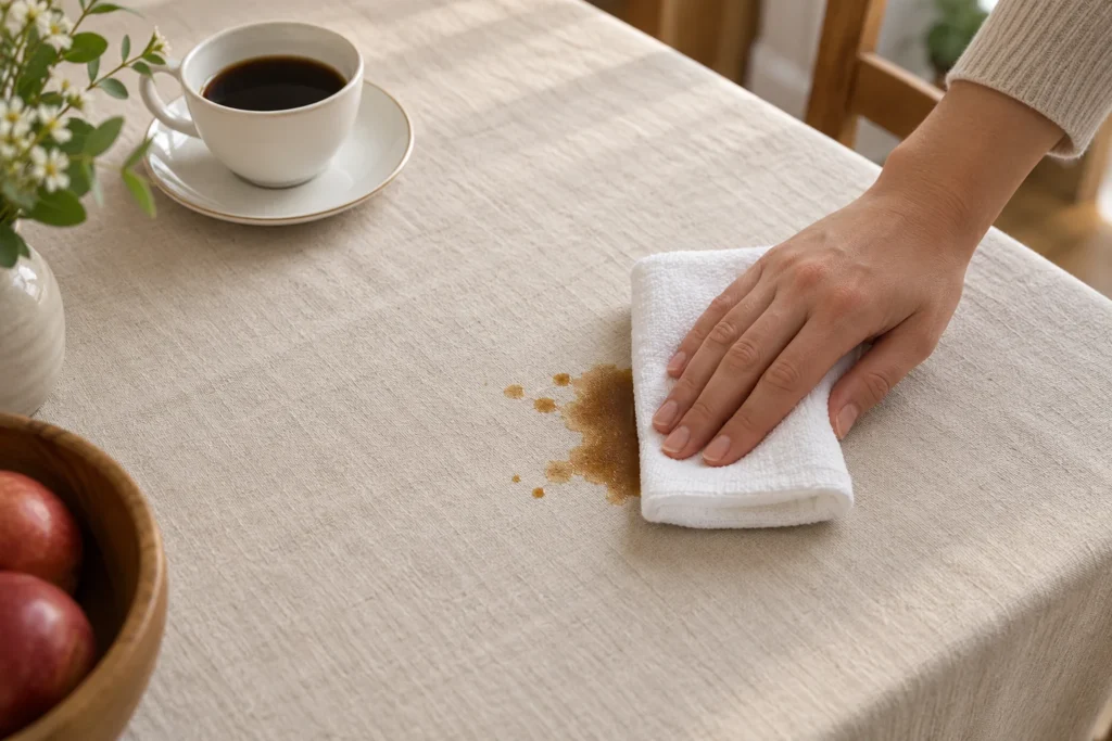Panno bianco pulito appoggiato su una piccola macchia di caffè in una tovaglia chiara.