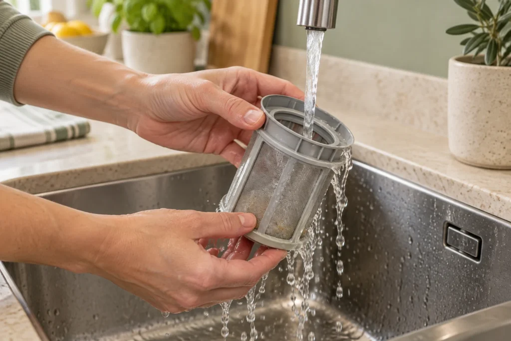 Un filtro cilindrico generico già rimosso viene sciacquato sotto acqua corrente sopra il lavello.